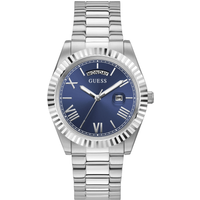 Silver Guess GW0265G7 men's watch with blue dial, Roman numerals, date window, and link bracelet.