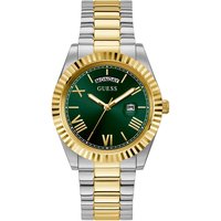Two-tone Guess GW0265G8 men's watch with green dial, gold Roman numerals, and silver-gold link bracelet.