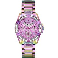 Guess iridescent ladies watch with pink face, multi-function dials, crystal accents, and metallic rainbow strap.
