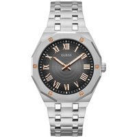 Silver Guess men's watch with octagonal bezel, black dial, rose gold Roman numerals, and link bracelet.