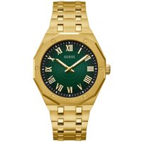 Gold Guess men's watch with green dial, Roman numerals, and link bracelet.
