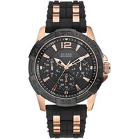 Black and rose gold Guess men's analog watch with stainless steel case, black dial, and silicone strap.