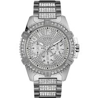 Silver Guess Frontier men's watch with crystal-studded bezel and bracelet, textured dial, and chronograph subdials.