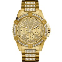 Gold Guess men's watch with crystal-studded bezel, textured dial, and link bracelet.