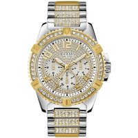 Gold tone Guess men's watch with crystal-studded bezel, silver dial, gold accents, and two-tone metal bracelet.