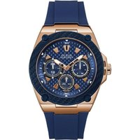 Blue silicone men's watch with blue dial, rose gold accents, and multiple subdials by Guess.