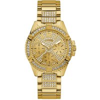 Gold Guess ladies watch with crystal-studded bezel and bracelet, featuring a patterned dial and gold-tone markers.