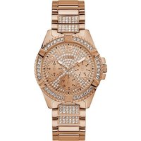 Rose gold Guess ladies watch with crystal-studded bezel and bracelet, patterned dial, and luminous hands.
