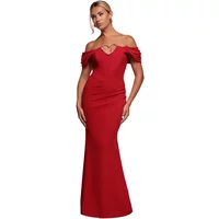 Red Goddiva Maxi heart dress with diamond adornments, off-shoulder design, and fitted silhouette.