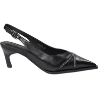 Black leather slingback heels with pointed toe and adjustable buckle strap by Sofie Schnoor.