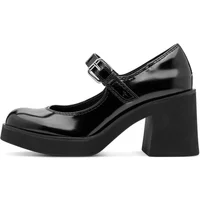 Black patent leather Mary Jane heels with chunky block heel and adjustable buckle strap.