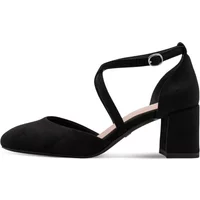 Black Tamaris heels with ankle strap, closed toe, and block heel.