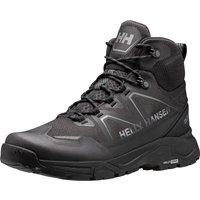 Black and grey Helly Hansen Cascade Mid HT men's waterproof hiking boots with lace-up design and rugged sole.