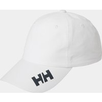 White Helly Hansen Crew Cap 2.0 with curved brim, black HH logo on front, and adjustable strap at back.