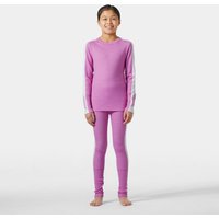 Pink Helly Hansen Junior Lifa Merino base layer set with long sleeves and matching leggings, designed for warmth and comfort.