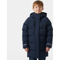 Navy Helly Hansen juniors’ puffy parka with hood, full zip, and quilted design, size 14.
