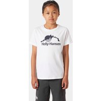 White Helly Hansen juniors' T-shirt with navy mountain graphic and logo, worn by a young person, size 14.