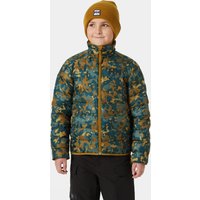 Green Helly Hansen Juniors’ Marka Insulator Jacket with camo pattern, full zip, and high collar, worn by a child.