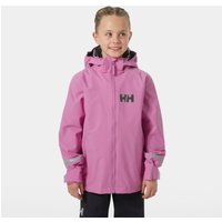 Pink Helly Hansen juniors' jacket with hood, front zipper, and logo on chest, featuring reflective sleeve accents.