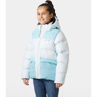 Blue and white Helly Hansen Juniors' Specter Puffy Jacket with hood and quilted design, size 12.