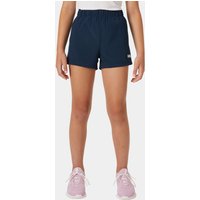 Navy blue juniors' shorts with elastic waistband, small logo on hem, worn by a child, paired with pink sneakers.