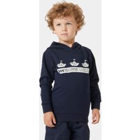 Navy kids' hoodie with boat graphics and Helly Hansen logo on chest, long sleeves, and ribbed cuffs.