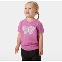 Pink Helly Hansen kids' graphic T-shirt featuring a white butterfly design, short sleeves, and crew neck.