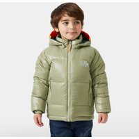 Green Helly Hansen kids’ puffer jacket with hood, red lining, and front zipper, size 6.