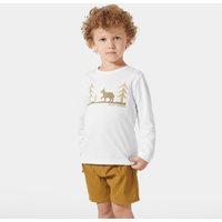 White Helly Hansen kids' long sleeve top with gold graphic of trees and moose, worn by a child with brown shorts.