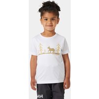 White Helly Hansen kids' T-shirt with gold graphic of trees and a deer, short sleeves, and crew neck.