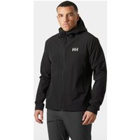 Black Helly Hansen men's hooded softshell jacket, size 2XL, with front zipper and logo on chest.
