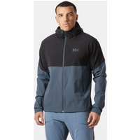Blue Helly Hansen men's hooded softshell jacket with black shoulders, full zip, and HH logo on chest.