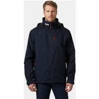 Navy Helly Hansen hooded sailing jacket, red zipper accents, logo on collar, adjustable cuffs, size M.