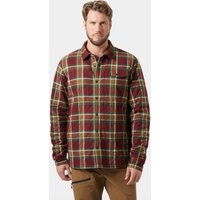 Brown plaid Helly Hansen men's shacket with button closure and chest pocket, worn by a model, size L.