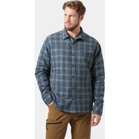 Navy Helly Hansen insulated shacket, plaid pattern, button-up front, chest pocket, long sleeves, men's size XL.