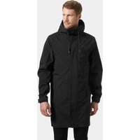 Black Helly Hansen men’s raincoat with hood, front zipper, and adjustable cuffs, size XL.