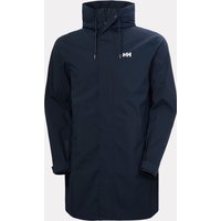 Navy Helly Hansen men's raincoat with hood, front zipper, and logo on chest.