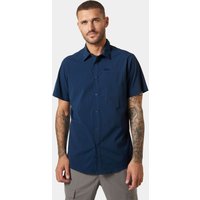 Blue Helly Hansen short sleeve shirt, button-up, collar, small chest logo, worn by male model.