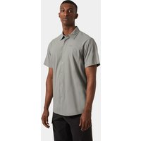 Gray Helly Hansen short sleeve shirt, button-up, collared, lightweight fabric, worn by a male model.