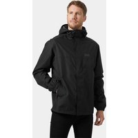Black Helly Hansen men’s rain jacket, 2XL, with hood, front zipper, and side pockets.