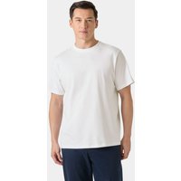 White Helly Hansen men's cotton T-shirt, short sleeves, crew neck, small logo on chest, shown on model.