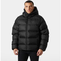 Black Helly Hansen men's puffy jacket, 2XL, with hood, quilted design, and front zipper closure.