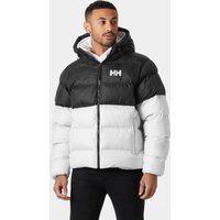 White and black Helly Hansen men's puffy jacket with hood, zipper closure, and logo on chest, size 2XL.