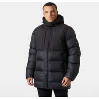 Black Helly Hansen men's long puffy jacket, 2XL, with hood, quilted design, and front zipper closure.