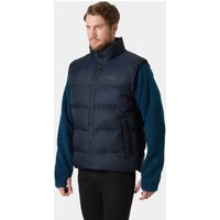 Navy Helly Hansen men's puffy vest, size L, with high collar and front zipper, worn over a blue long-sleeve shirt.