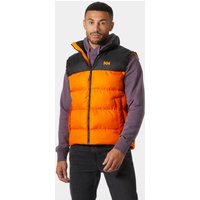 Orange Helly Hansen men's puffy vest with black shoulders, zip closure, and logo on chest, size L.