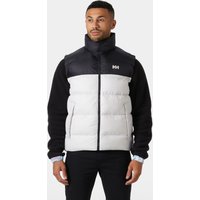 White Helly Hansen men's puffy vest, black shoulders, high collar, front zipper, logo on chest, size XL.