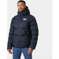 Navy Helly Hansen men's winter parka, hooded with front zipper, logo on chest, quilted design, size XL.