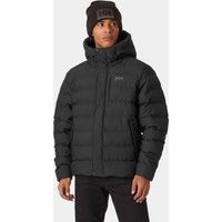 Black Helly Hansen puffy jacket with hood, front zipper, and logo on chest, worn by model.