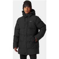 Black Helly Hansen men's puffy parka with hood, front zipper, and insulated design, size M.
